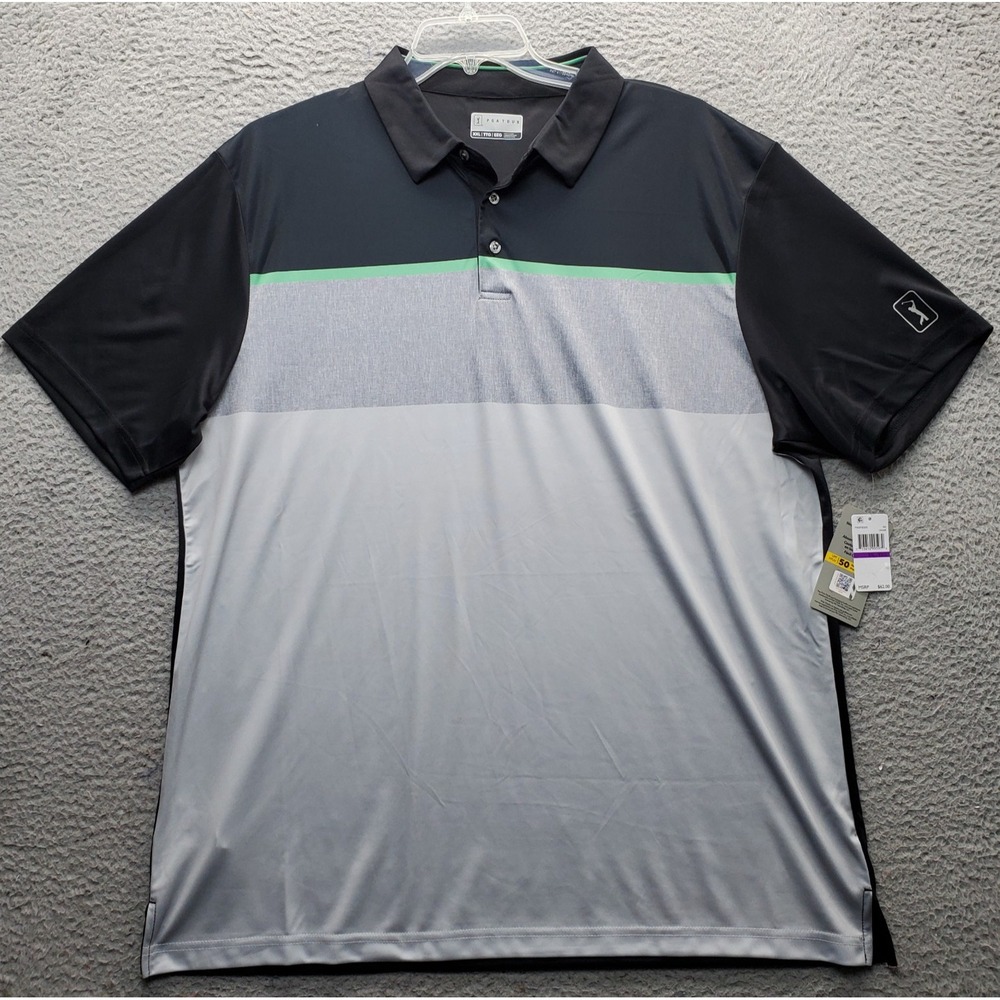 PGA TOUR Golf Polo Shirt Mens XXL Black Colorblock Stretch Easy Care Slit UPF 50